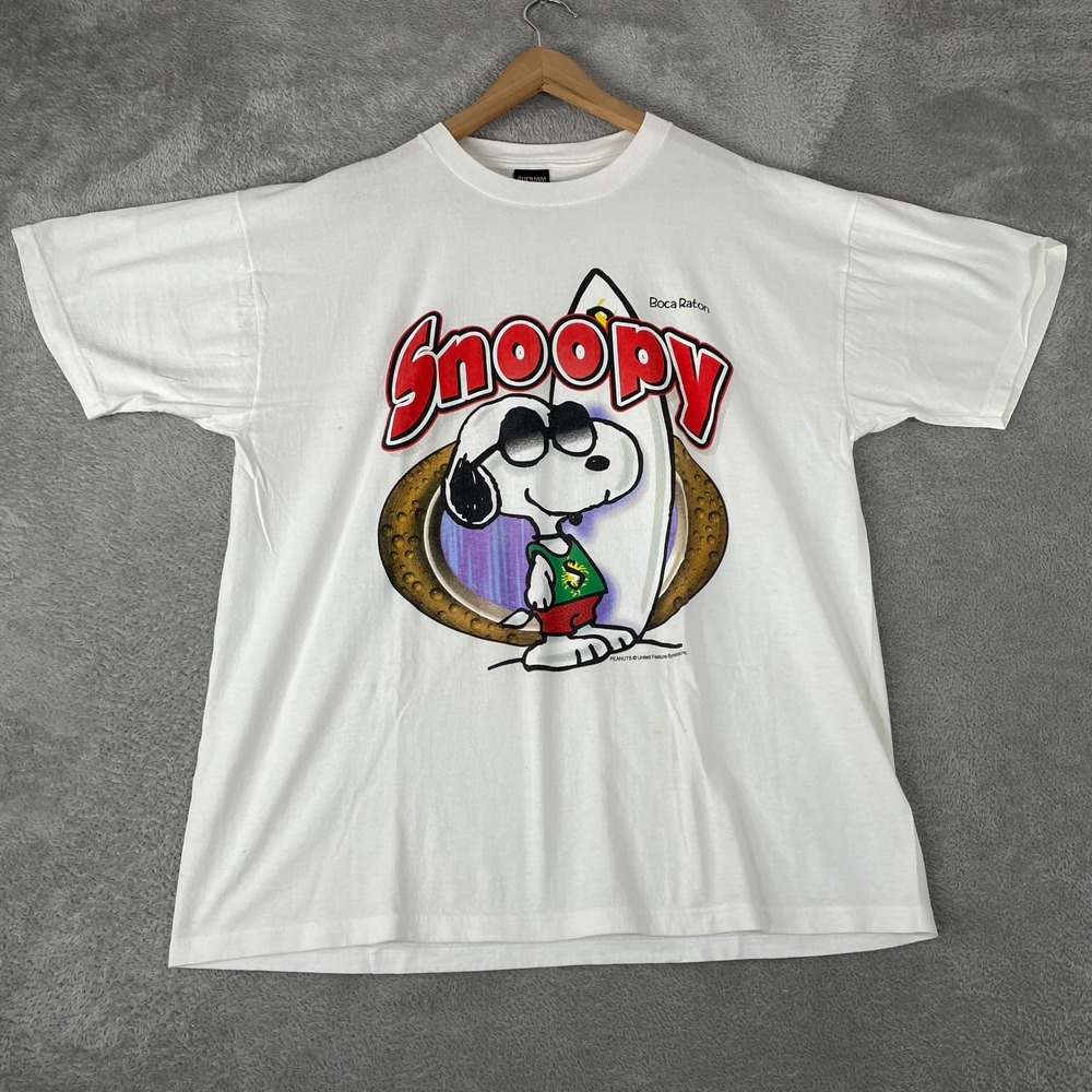 Vintage Snoopy Shirt Mens XL White 90s Joe Cool Boca Raton Surfing Single Stitch